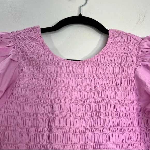 NWT GANNI COLOUR BLOCK Organic COTTON POPLIN SMOCKED MINI DRESS IN PHLOX PINK 38 - Picture 9 of 17